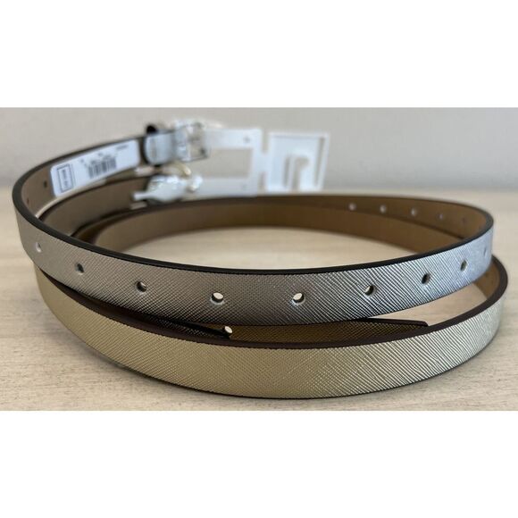 MICHAEL KORS BELT SET (2) METALLIC GOLD & Silver SKINNY MK LOGO Round BUCKLE - Picture 4 of 10